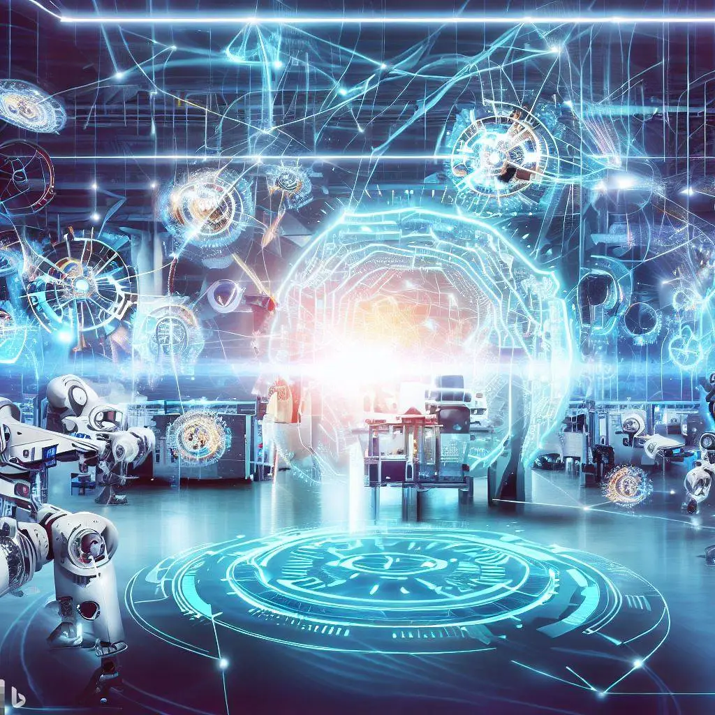 An image depicting a futuristic research lab with state-of-the-art AI machinery, robots, and autonomous devices working together.